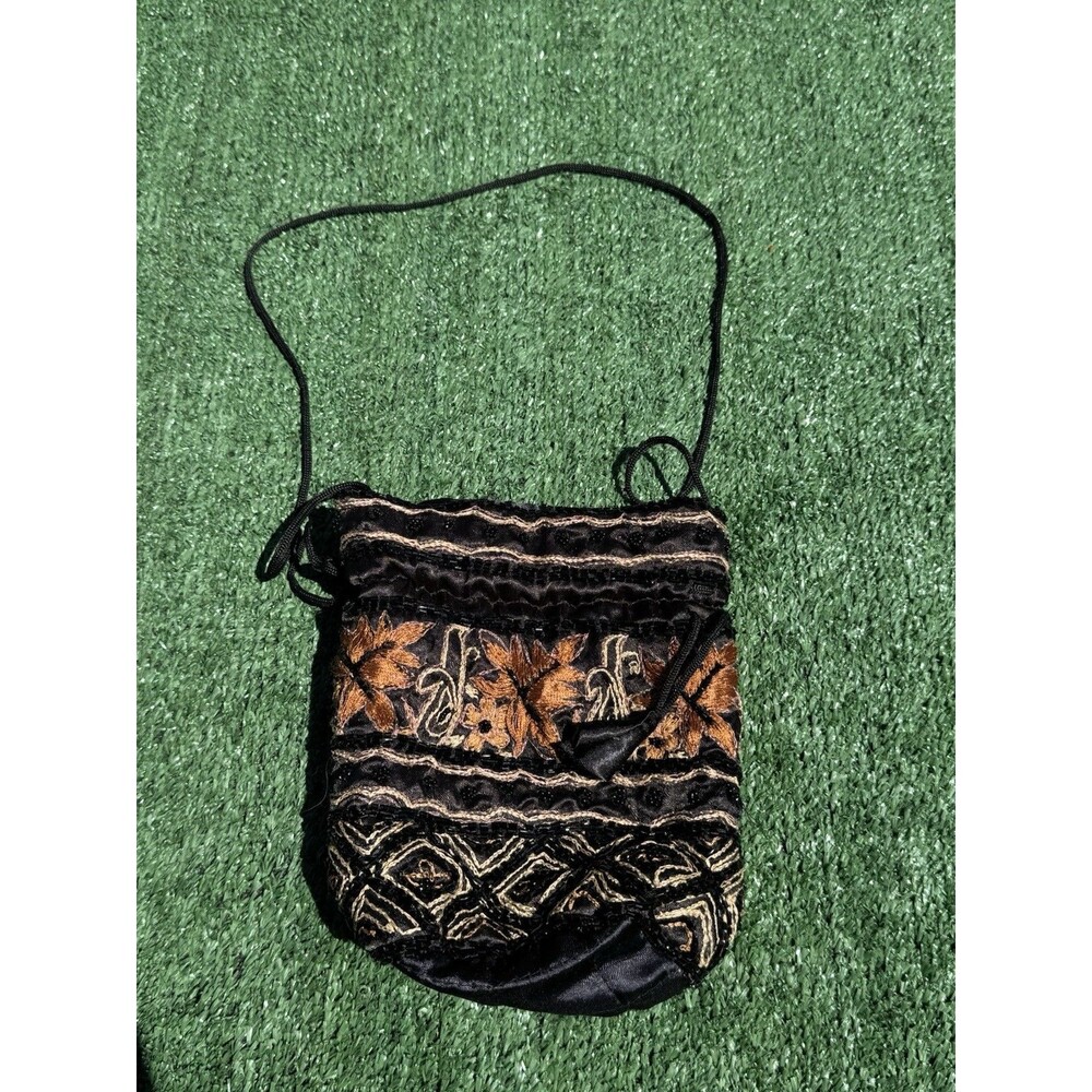 Black Velvet Orange Beaded Hand Stitched Crossbody Purse Pull String Pouch EUC
